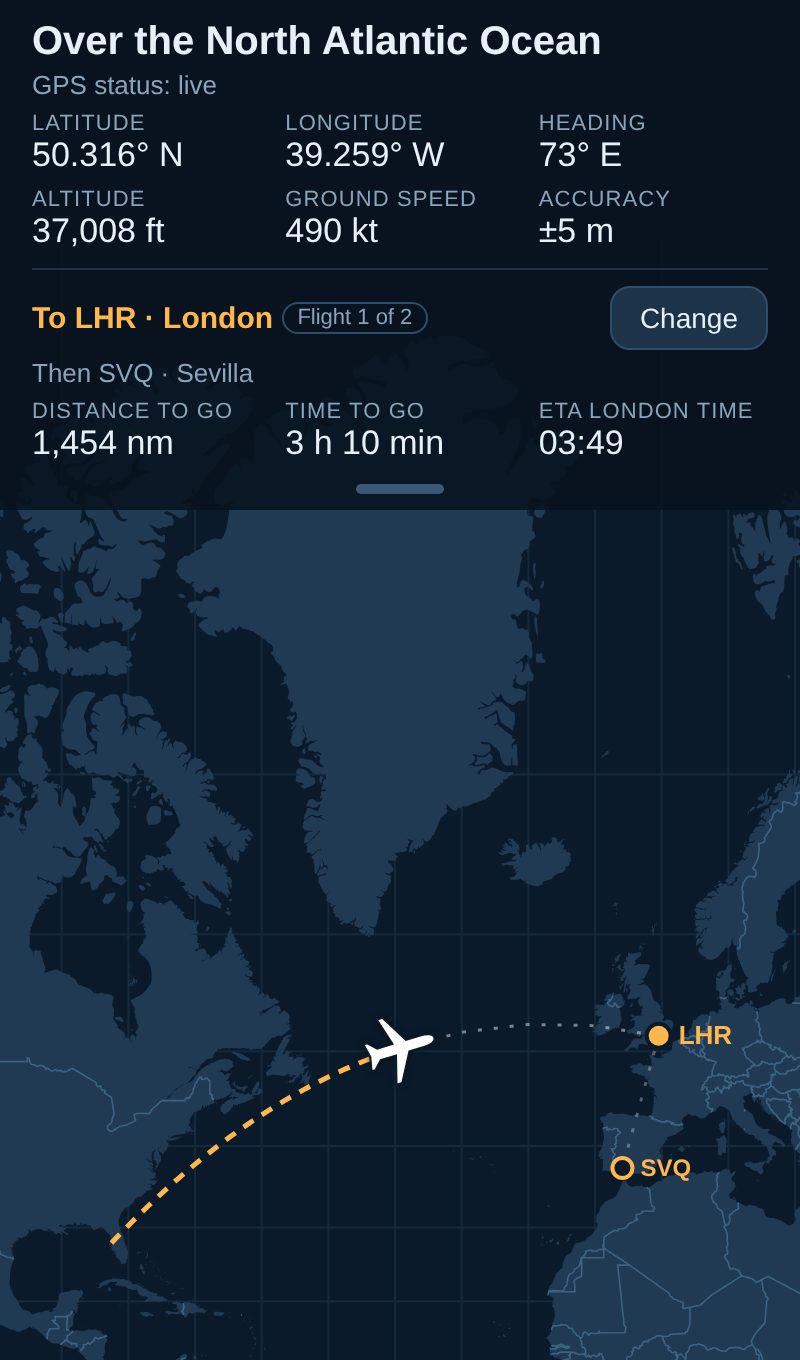 Flight 1 of 2, to London then Seville