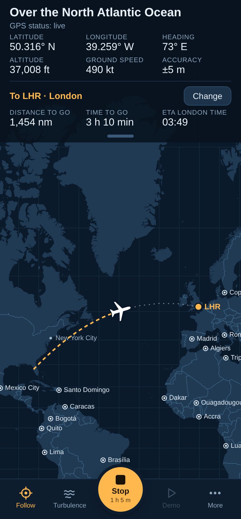 Flight Map over the North Atlantic: 1,454 nm to London, arriving 03:49 London time
