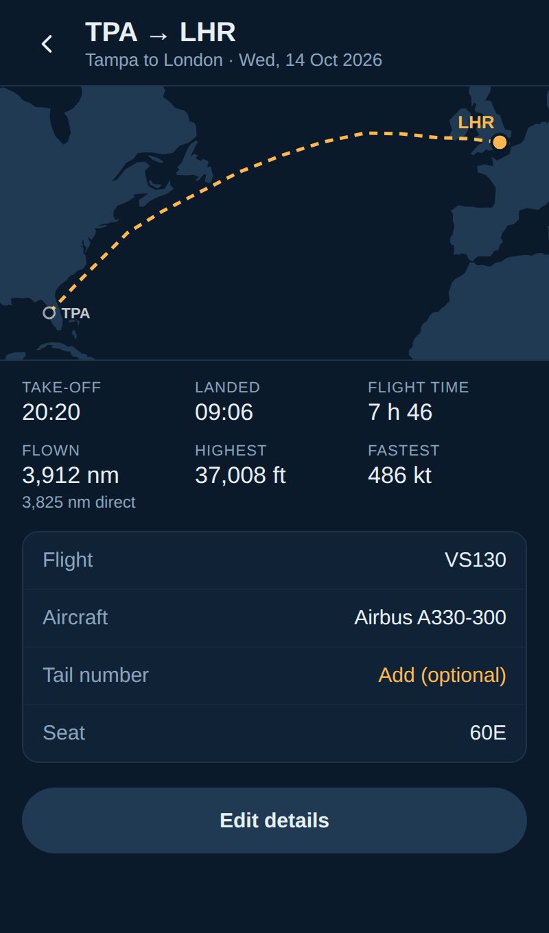 One flight in the logbook: Tampa to London with its route